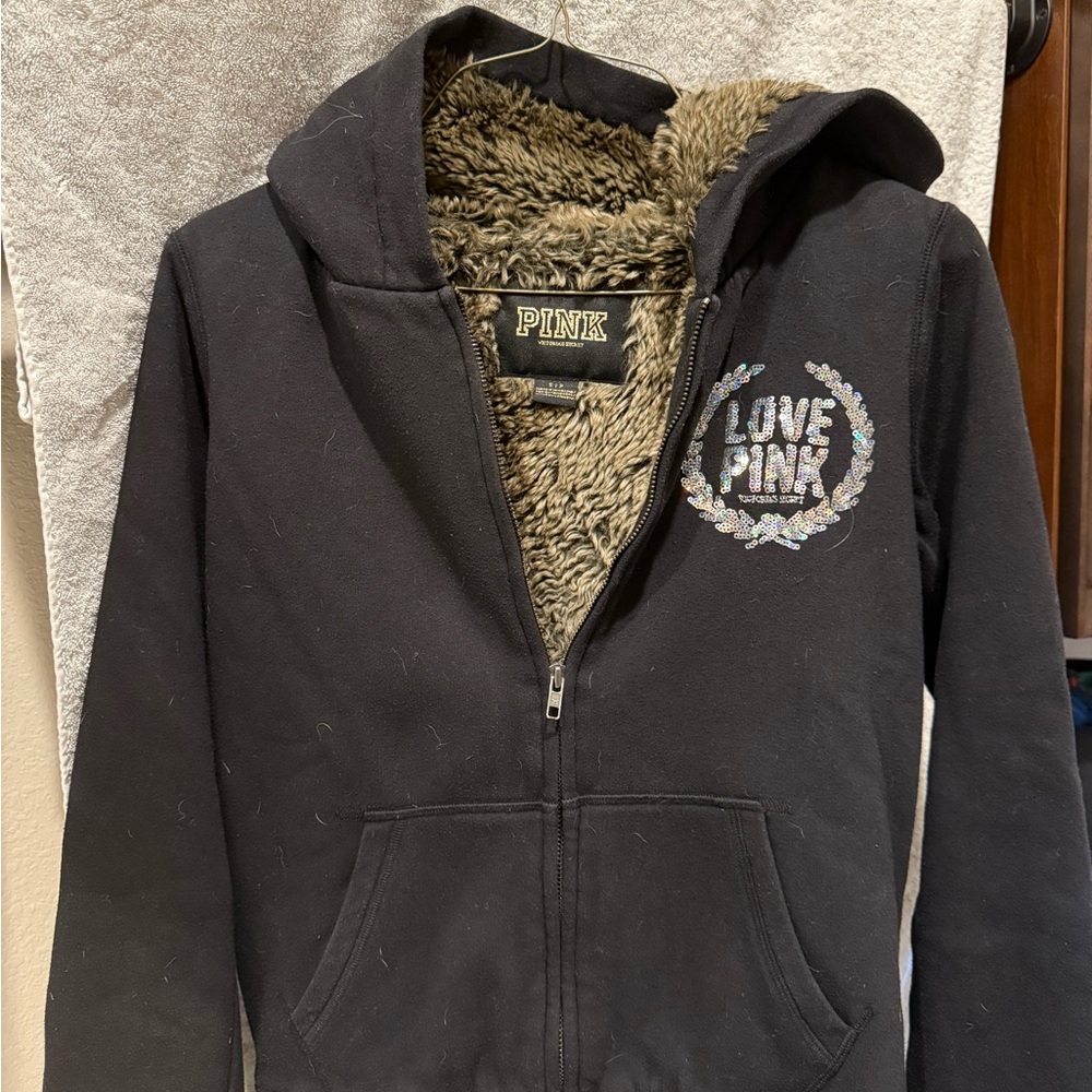 Victoria Secret “Pink” black fleece lined zip up hoodie XS